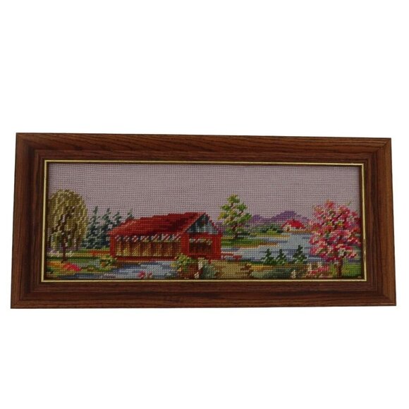Handmade Finished Needlepoint Covered Bridge River Scene Landscape Framed Piece - Picture 1 of 8